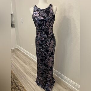 Badgley Mischka Black & Purple Sequins Floral Event Dress Night Gown US 4